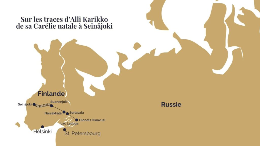 Carte des lieux de l'histoire du livre "Quand les oiseaux reviendront" de Merja Maki, avec la Carélie finlandaise avant et après la Guerre d’Hiver.