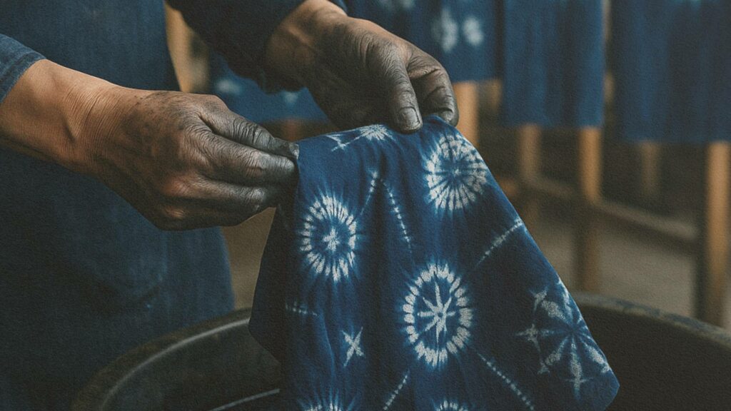 Mains d’un artisan en train de teindre un tissu selon la technique shibori – motif indigo éclatant suspendu dans un atelier japonais traditionnel.
