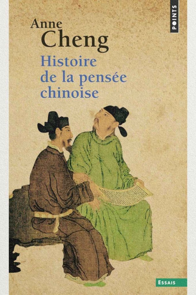 Couverture du livre Histoire de la pensée chinoise d'Anne Cheng, illustrant deux lettrés chinois lisant un manuscrit traditionnel.
