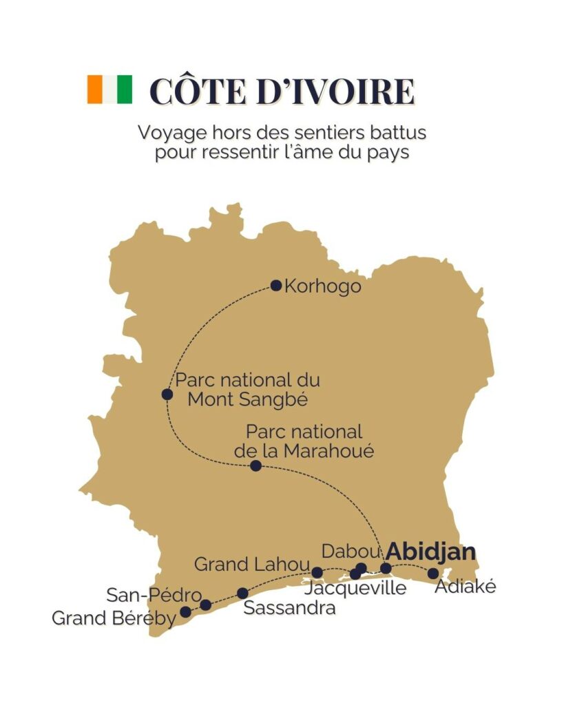 Carte des 10 destinations hors des sentiers battus en Côte d’Ivoire – itinéraire culturel et nature de Jacqueville à Korhogo