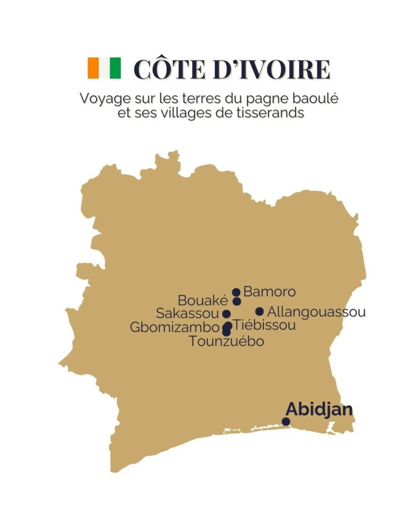 Carte de la Côte d’Ivoire indiquant les principaux villages tisserands du pagne baoulé : Tiébissou, Sakassou, Gbomizambo, Tounzuébo, Bouaké, Allangouassou et Bamoro