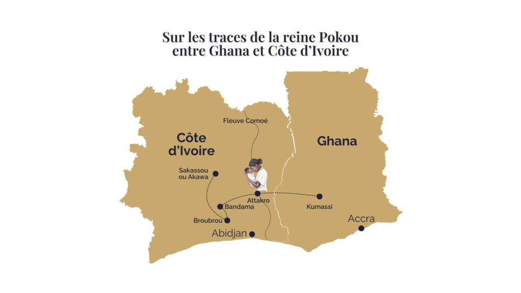 Carte du parcours de la reine Pokou entre Kumassi au Ghana et Sakassou en Côte d’Ivoire, avec les étapes clés : fleuve Comoé, Attakro, Bandama, Broubrou et Abidjan