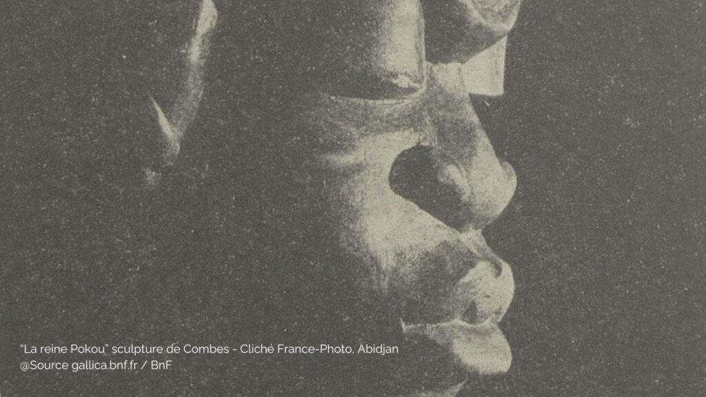 Sculpture de la reine Pokou réalisée par Combes, photographie en noir et blanc prise à Abidjan – Source gallica.bnf.fr / BnF