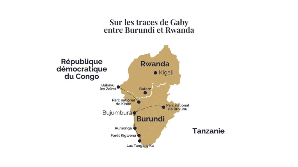 Carte géographique du parcours de Gaby entre le Burundi, le Rwanda et le Zaïre dans le roman Petit Pays de Gaël Faye, avec les lieux clés du récit