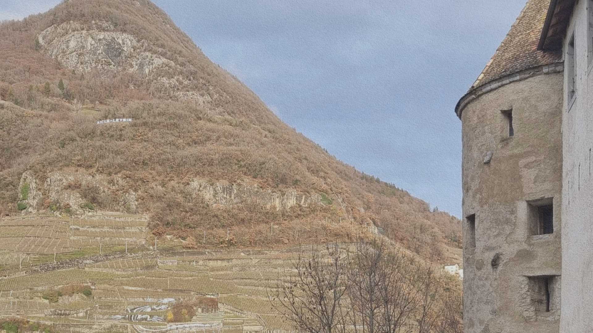 Château d’Aigle en Suisse avec vignobles en terrasses et montagne en arrière-plan, révélant la relation directe entre la ville, l’agriculture et le relief alpin