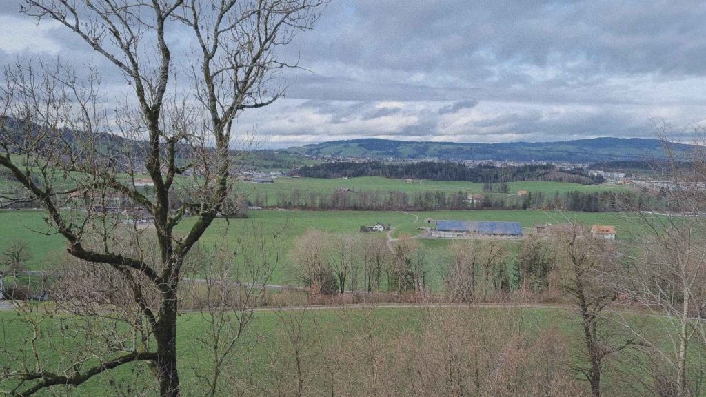 Paysage agricole autour de Gruyères avec prairies, fermes et reliefs doux, révélant l’organisation du territoire rural