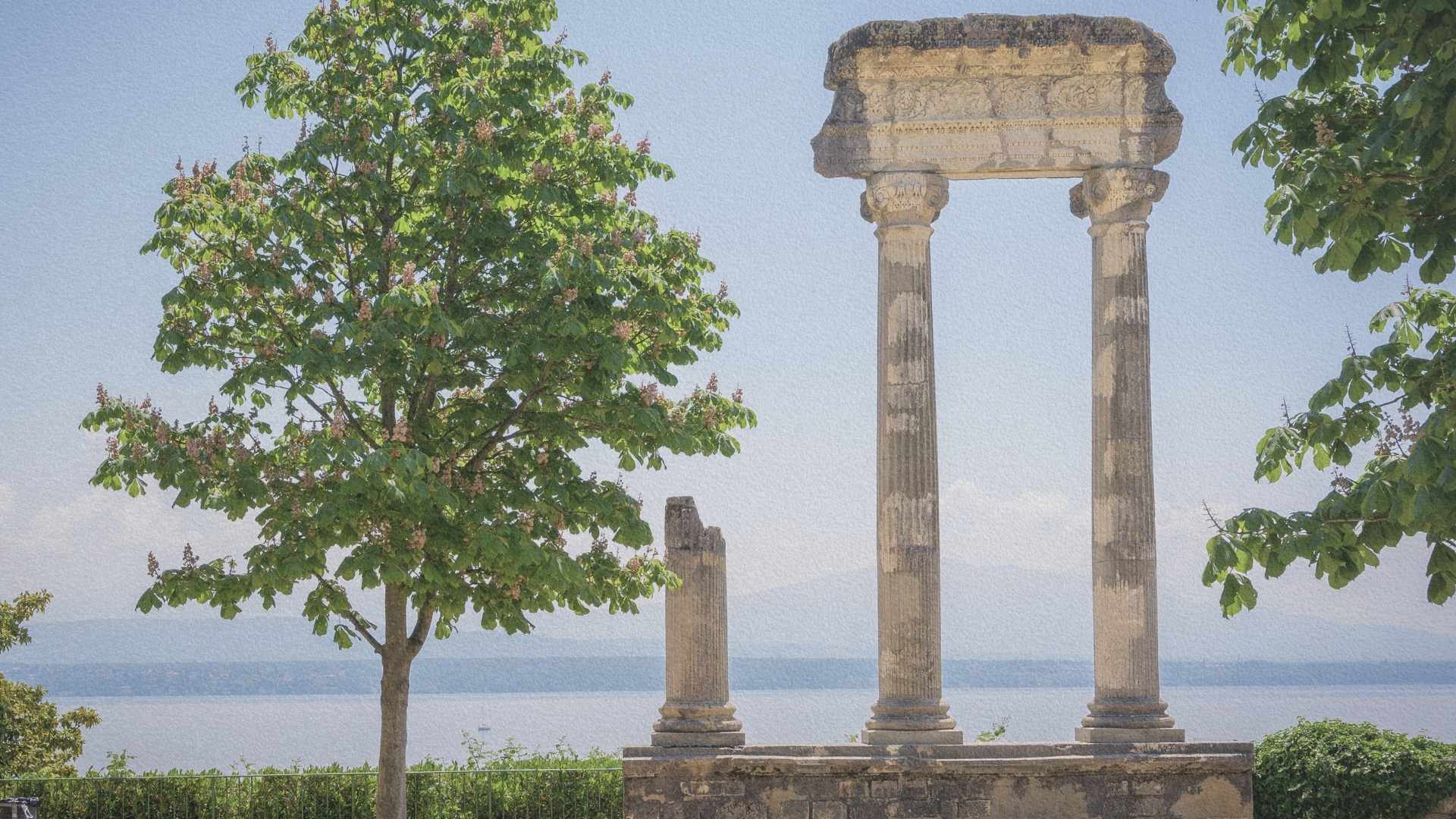 Colonnes romaines à Nyon dominant le lac Léman avec arbre au premier plan