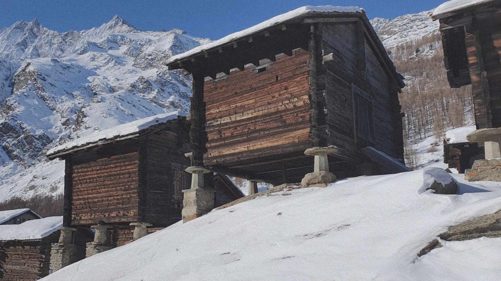 Granges traditionnelles en bois sur pilotis à Saas-Fee avec montagnes alpines enneigées en arrière-plan