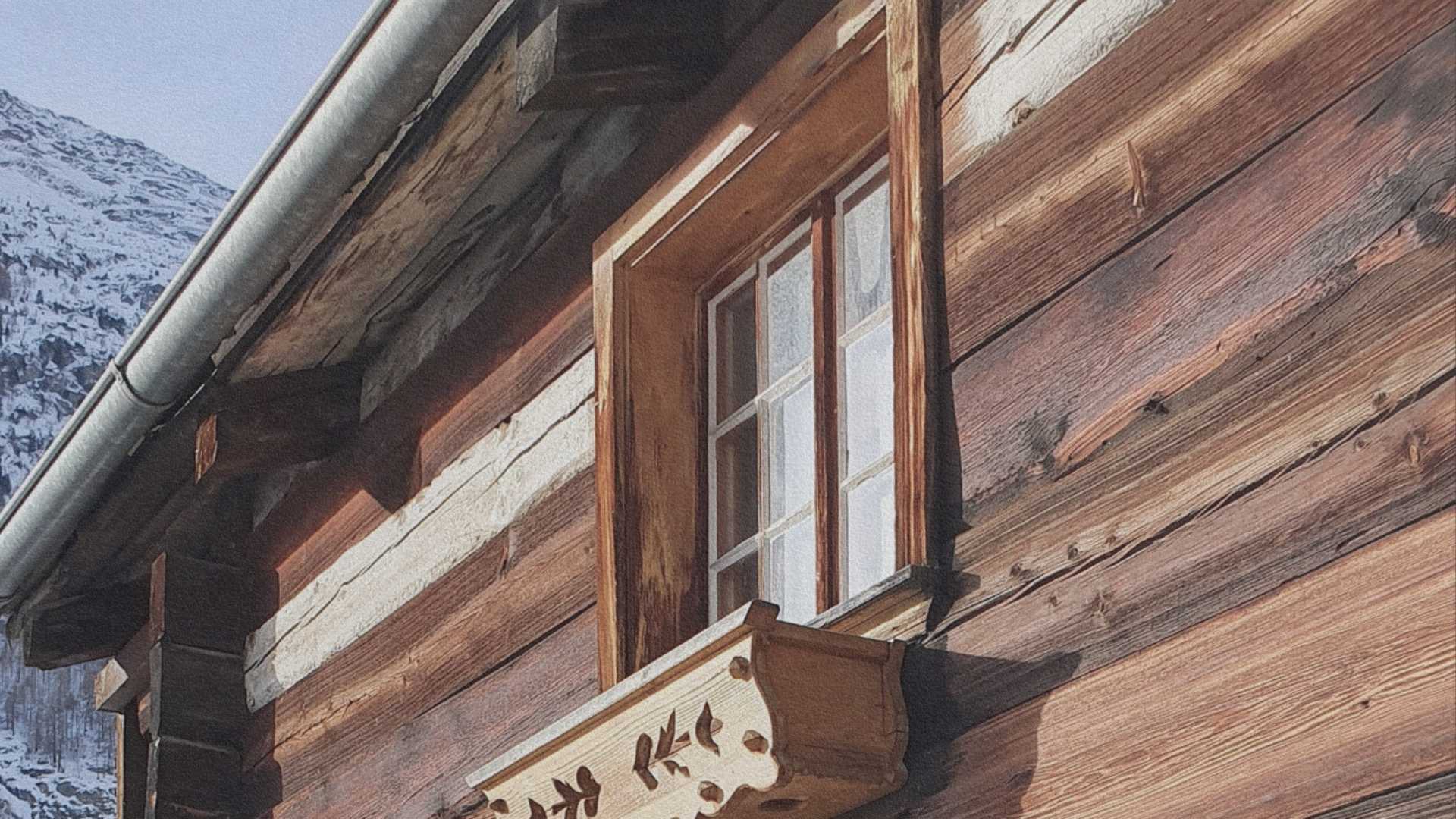 Façade d’un chalet alpin en bois avec fenêtre ouverte et montagne enneigée en arrière-plan, illustrant l’architecture adaptée aux conditions alpines