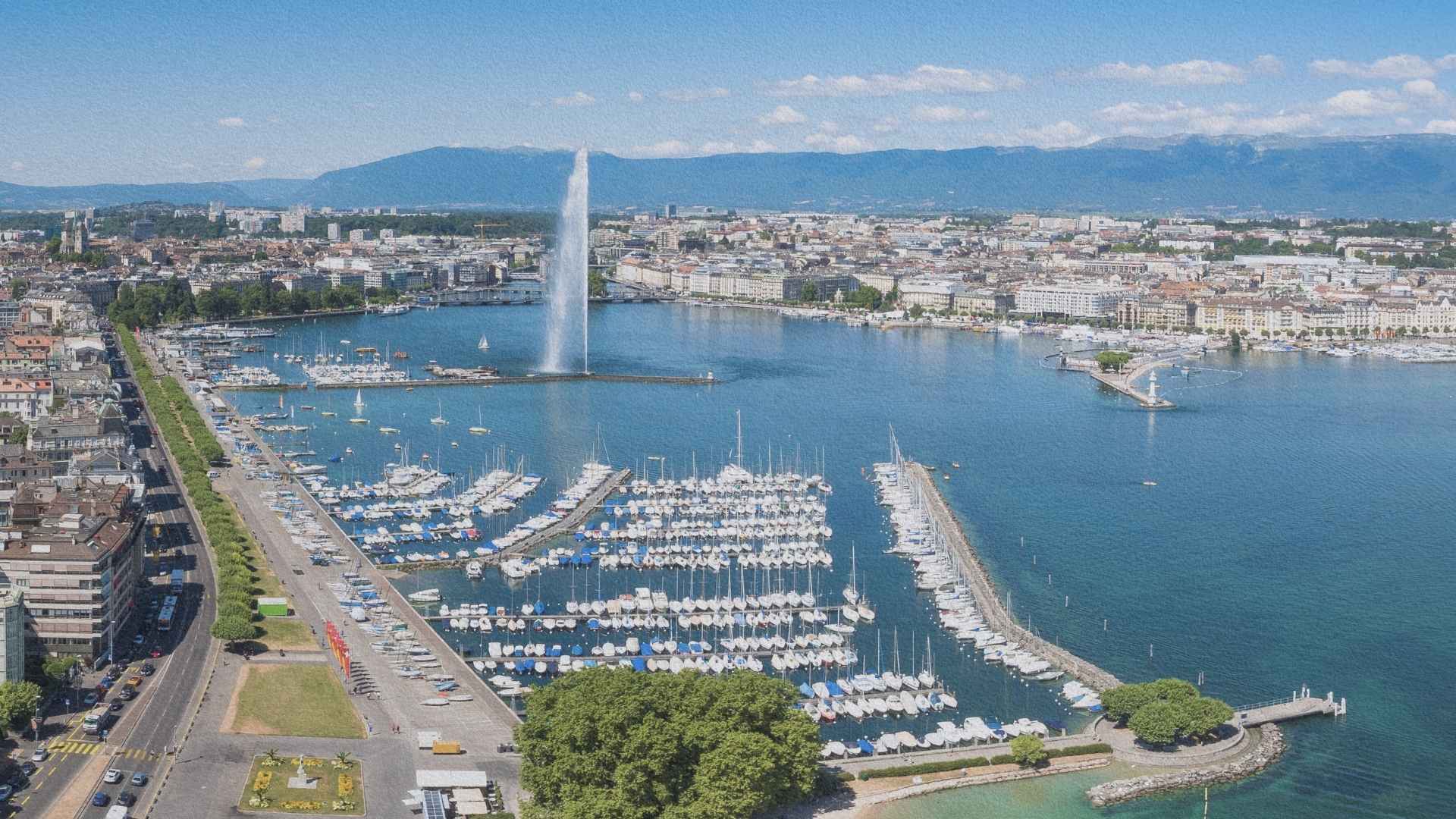 Port de Genève avec le Jet d’eau et les voiliers sur le lac Léman