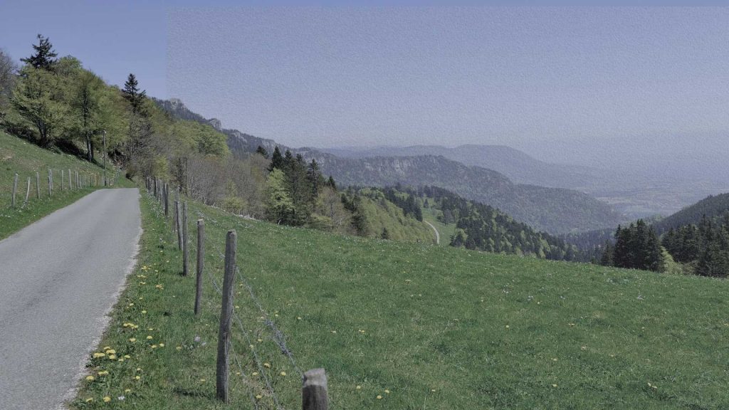 Route solitaire traversant les prairies et forêts du massif du Jura en Suisse