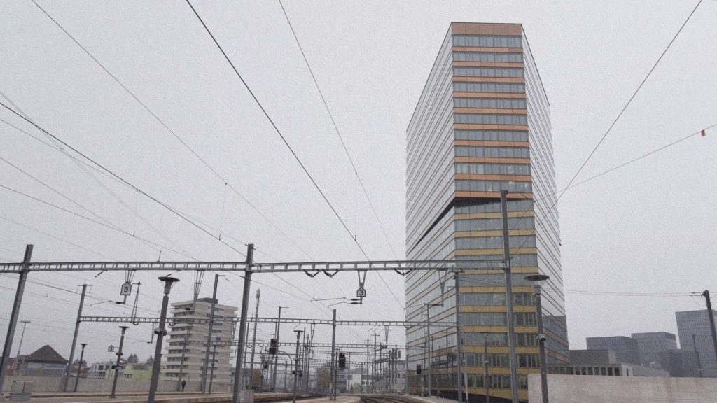 Tour contemporaine et infrastructures ferroviaires à Zurich, symbole de la modernité urbaine suisse évoquée dans l’œuvre de Max Frisch.