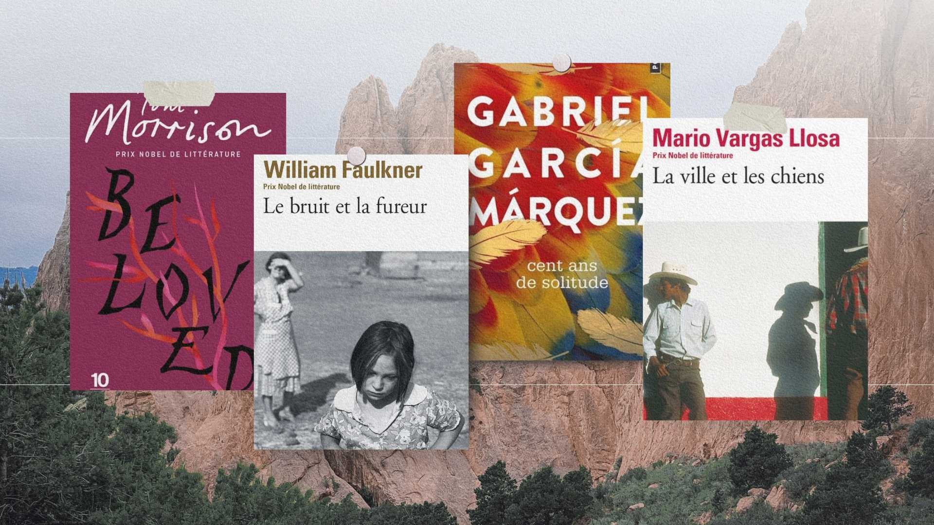 Romans de Toni Morrison, William Faulkner, Gabriel García Márquez et Mario Vargas Llosa, posés sur un paysage des Amériques marqué par les grands espaces
