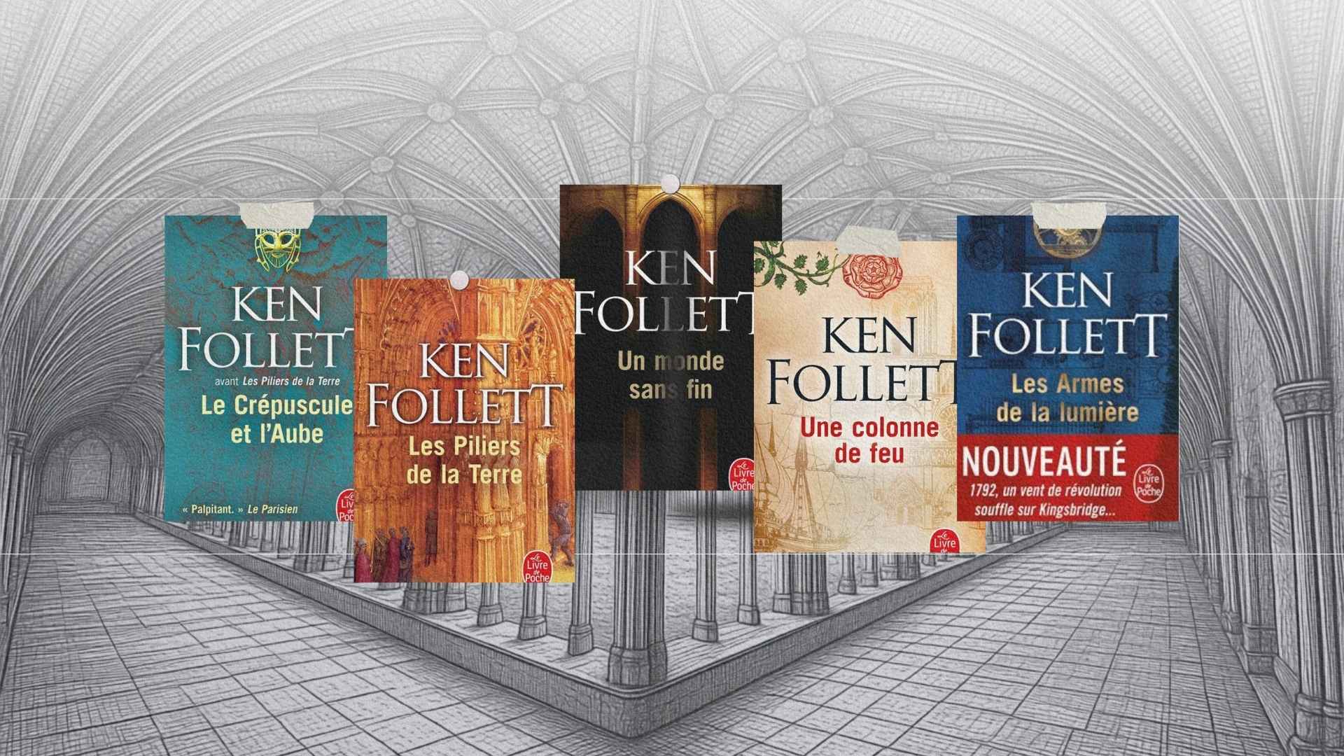 Montage des couvertures de la saga Kingsbridge de Ken Follett sur fond de voûtes de cathédrale médiévale