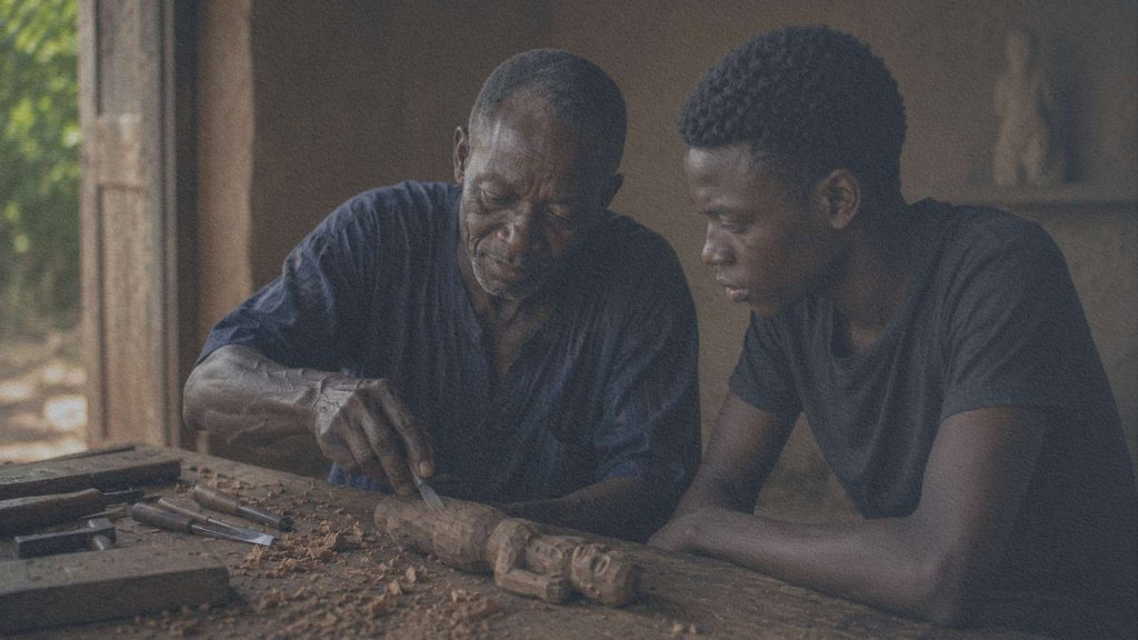 Un sculpteur baoulé et son jeune apprenti observent une sculpture en bois inachevée dans un atelier.