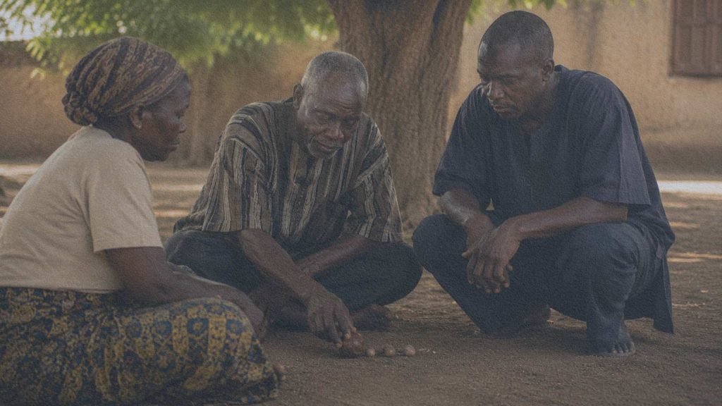 Trois habitants d'un village baoulé échangent calmement autour d'une noix de cola posée sur le sol.