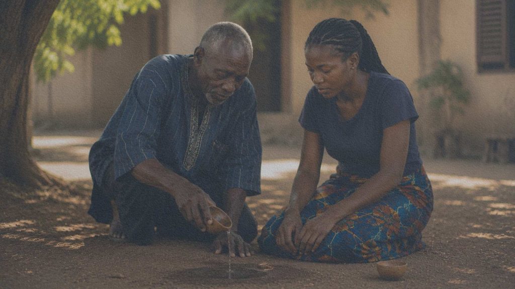 Un ancien et une jeune femme versent discrètement une libation sur la terre dans une cour familiale baoulé.