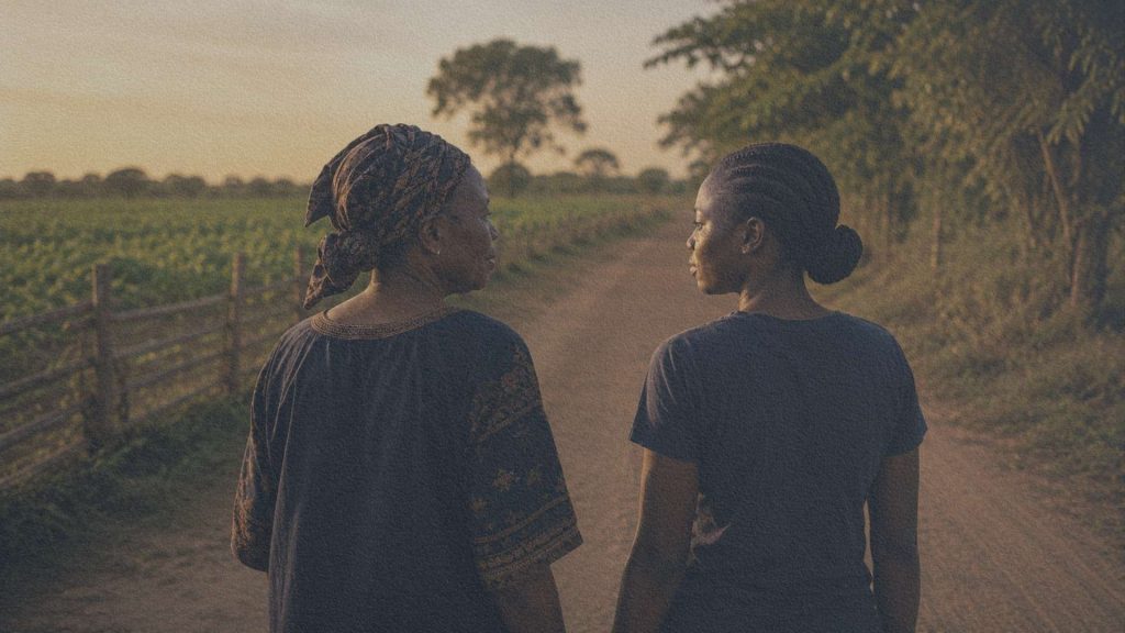Une femme âgée et une jeune femme marchent côte à côte sur un chemin rural en Côte d'Ivoire au coucher du soleil.