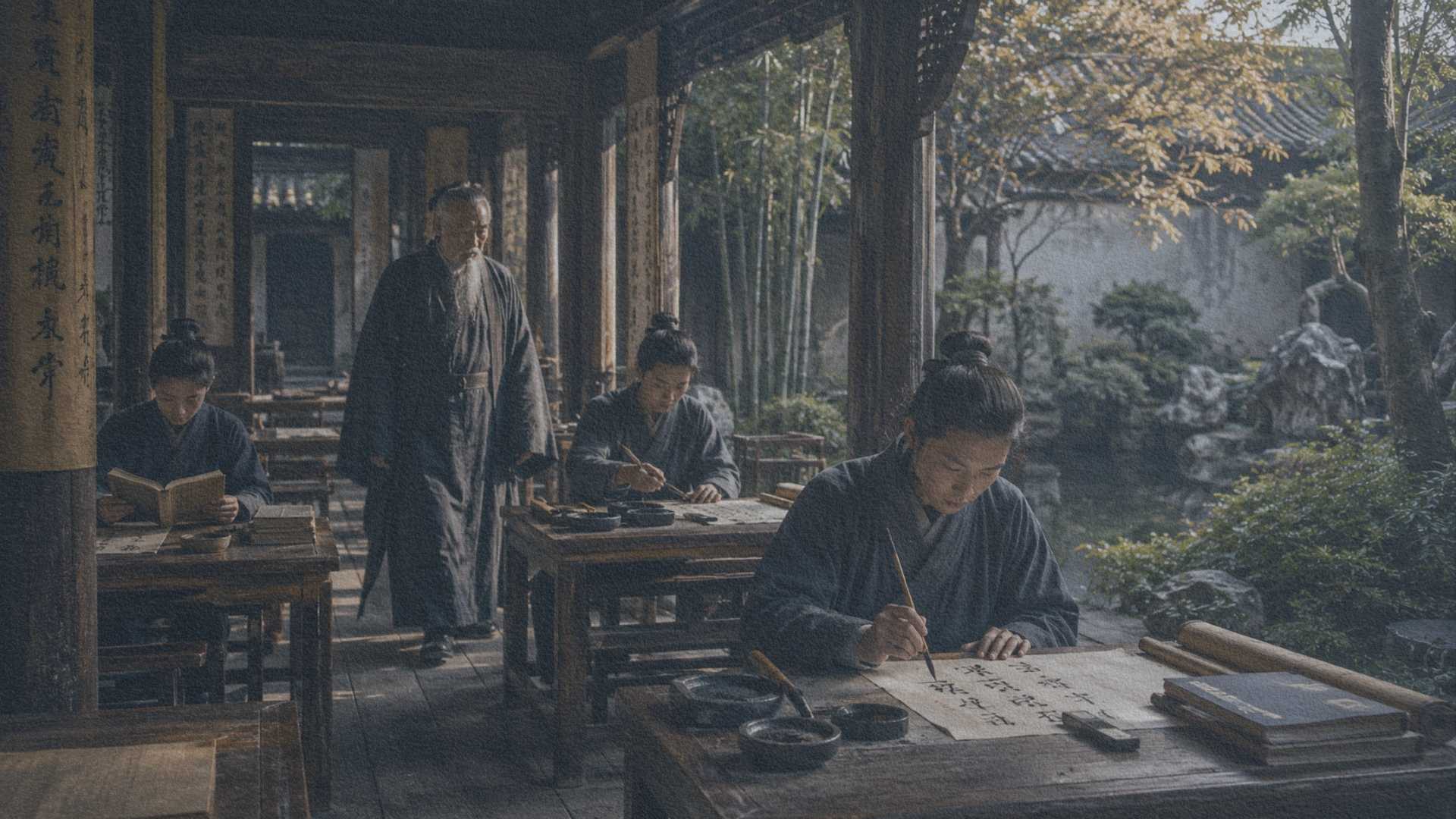 Académie confucéenne traditionnelle où un maître observe silencieusement des élèves étudiant la calligraphie, la lecture et la préparation de l'encre
