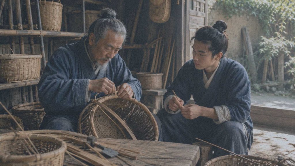 Artisan chinois réparant un panier en bambou tandis qu'un jeune apprenti observe attentivement chacun de ses gestes dans un atelier traditionnel.