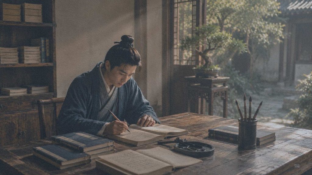 Jeune lettré étudiant des livres reliés sur un bureau en bois dans une académie chinoise, sous le regard discret de son maître.