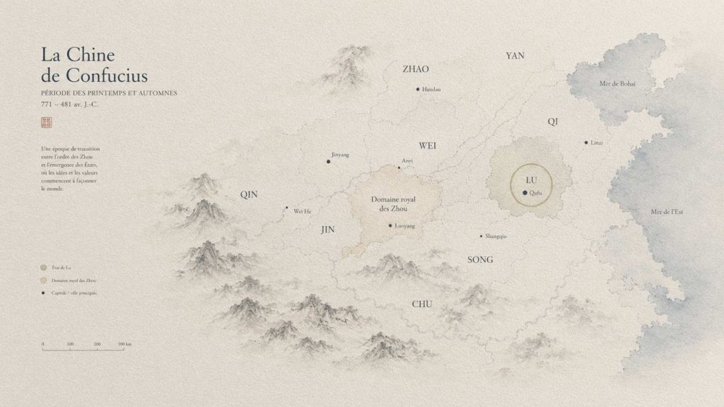 Carte historique de la Chine durant la période des Printemps et Automnes avec l'État de Lu, Qufu et les principaux États voisins