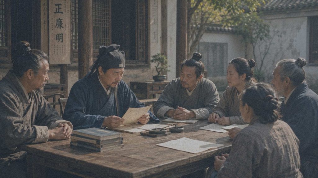 Magistrat local écoutant des habitants réunis autour d'une table dans une cour administrative de la Chine impériale.