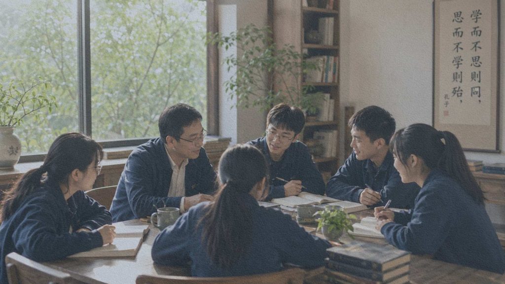 Enseignant et élèves échangeant autour d'une table dans une salle de classe chinoise contemporaine