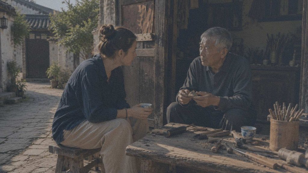 Voyageuse partageant une conversation avec un artisan chinois devant son atelier traditionnel dans un village.