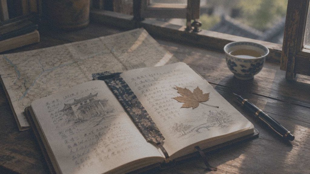 Carnet de voyage ouvert sur une table en bois avec croquis, notes manuscrites, carte pliée, tasse de thé et feuille d'automne près d'une fenêtre.