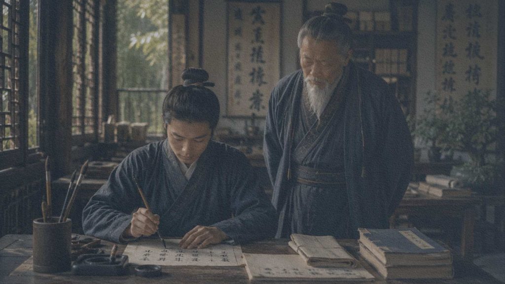 Élève pratiquant la calligraphie sous le regard attentif d'un maître dans une académie confucéenne traditionnelle