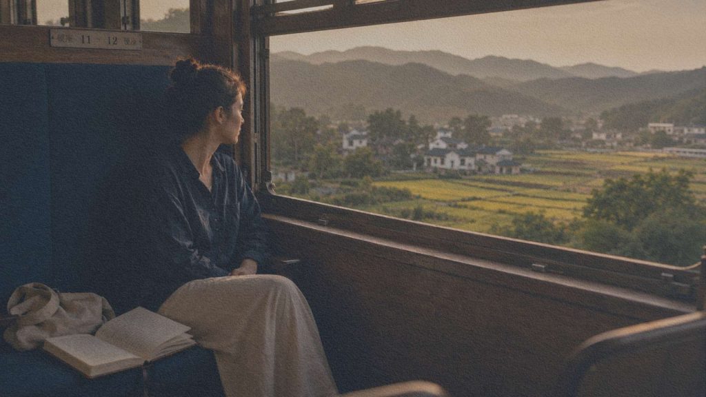Voyageuse regardant le paysage depuis la fenêtre d'un train traversant la campagne chinoise au coucher du jour, un carnet ouvert posé à côté d'elle.