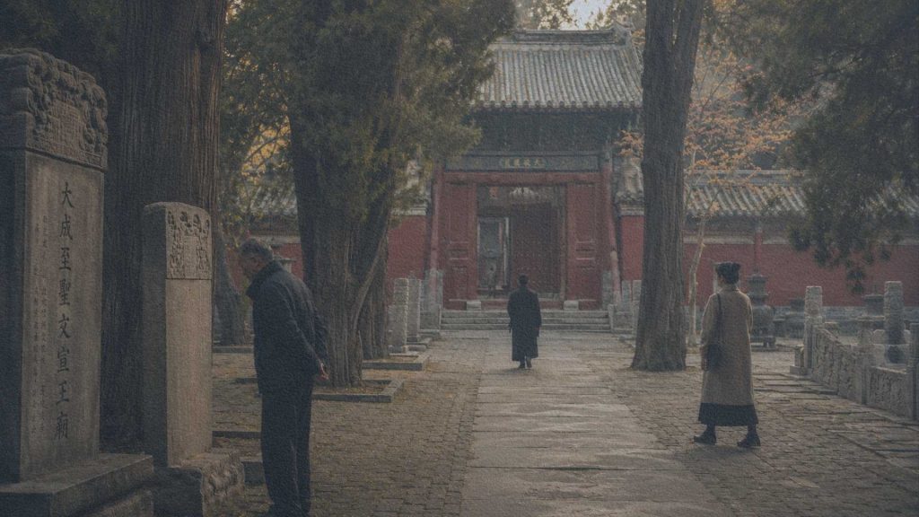 Allée du temple de Confucius à Qufu avec visiteurs, stèles gravées et cyprès anciens