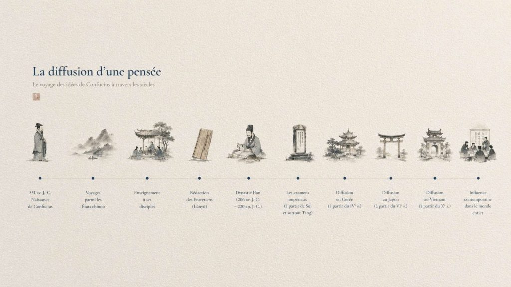 Frise chronologique illustrant la diffusion de la pensée de Confucius de la Chine ancienne jusqu'à son influence contemporaine en Asie