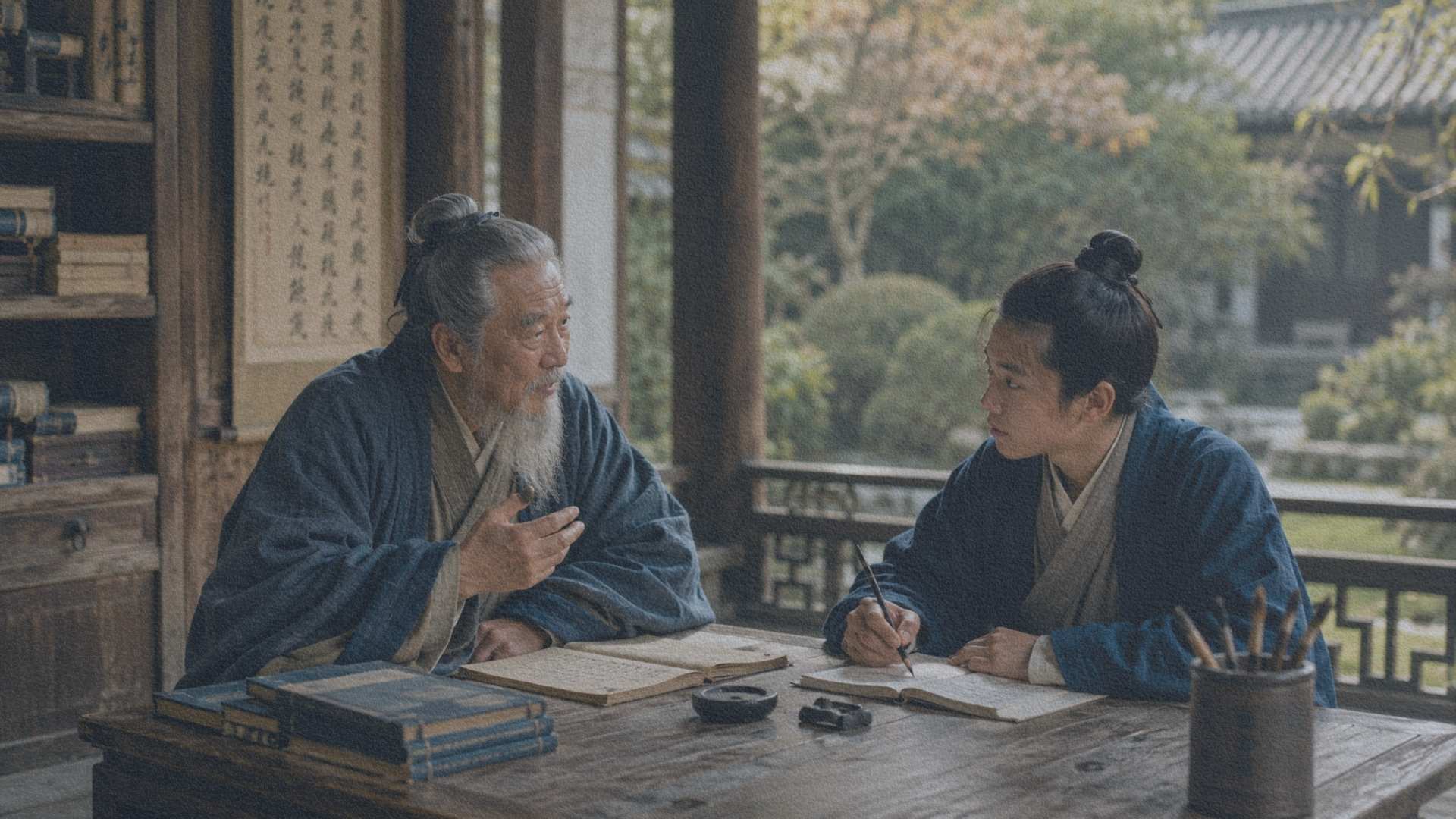 Enseignant âgé et jeune disciple échangeant dans une académie confucéenne ouverte sur un jardin traditionnel chinois.