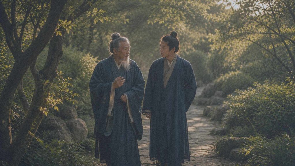 Enseignant âgé et jeune adulte marchant et échangeant dans un jardin chinois baigné par la lumière de fin d'après-midi.
