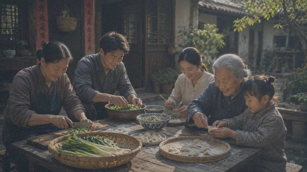 Trois générations préparant ensemble un repas dans une cour traditionnelle chinoise, une grand-mère apprenant à un enfant à façonner des raviolis.