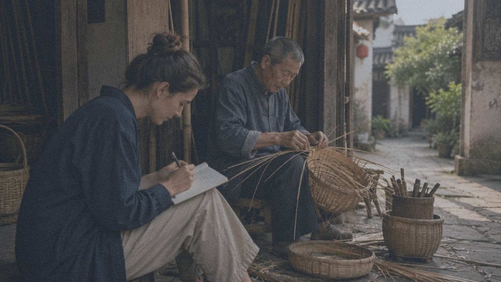 Voyageuse observant un artisan chinois fabriquer un panier en bambou tout en prenant des notes dans un carnet.