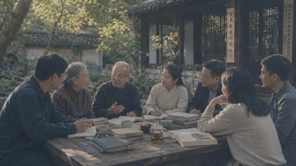 Plusieurs générations réunies autour d'une table dans un jardin chinois pour échanger autour de livres et d'une tasse de thé