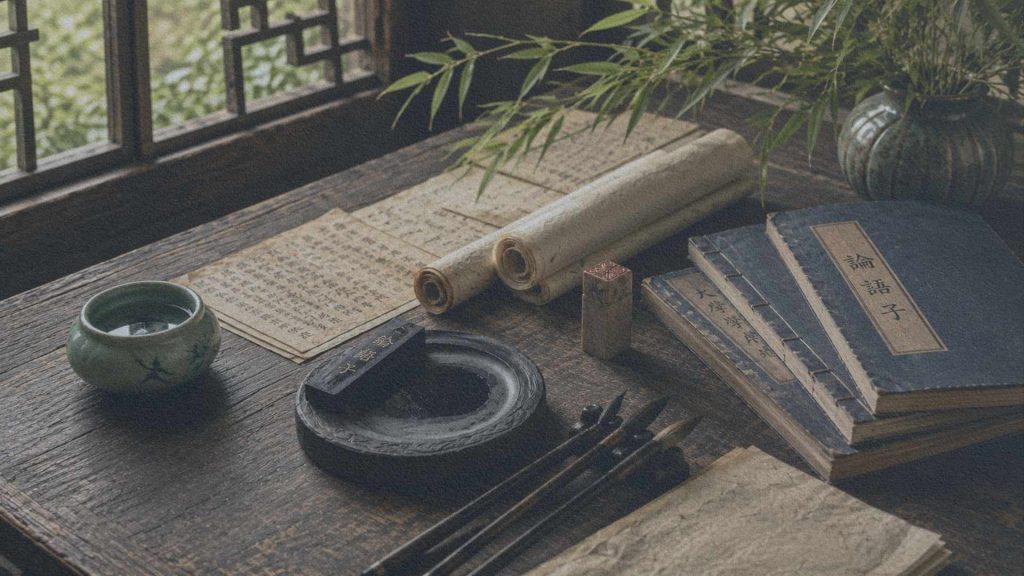 Bureau de lettré chinois avec pierre à encre, pinceaux, livres reliés, sceau et papier traditionnel