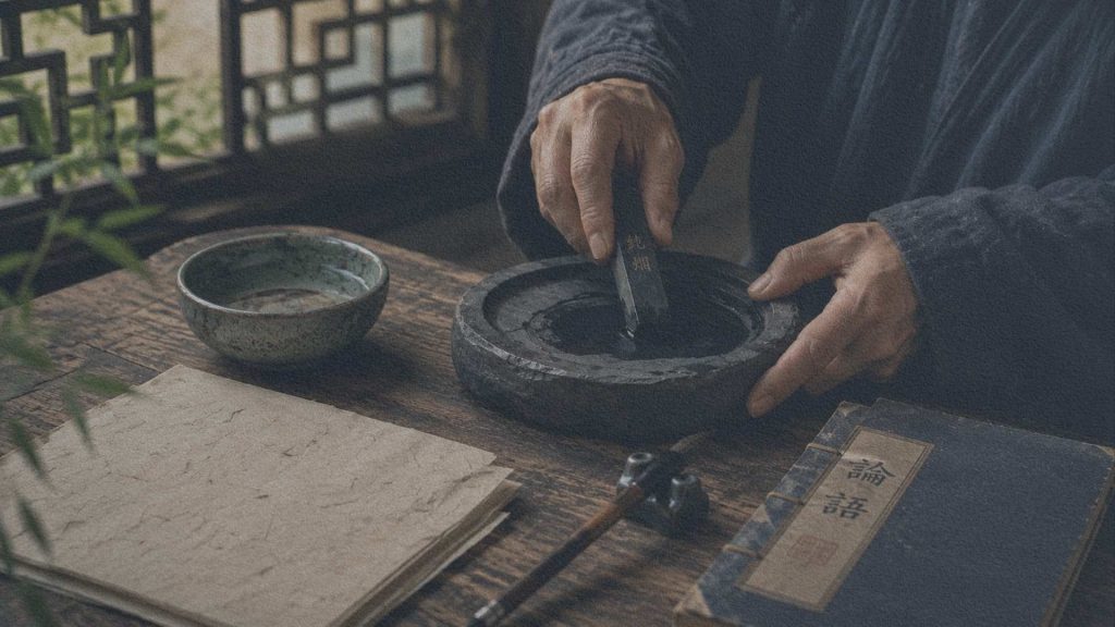 Mains préparant l'encre sur une pierre à encre traditionnelle avec un bâton d'encre et du papier Xuan