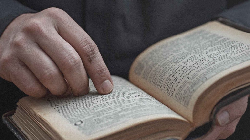 Main feuilletant un ouvrage ancien, évoquant les manuscrits mystérieux et les livres interdits des récits médiévaux.