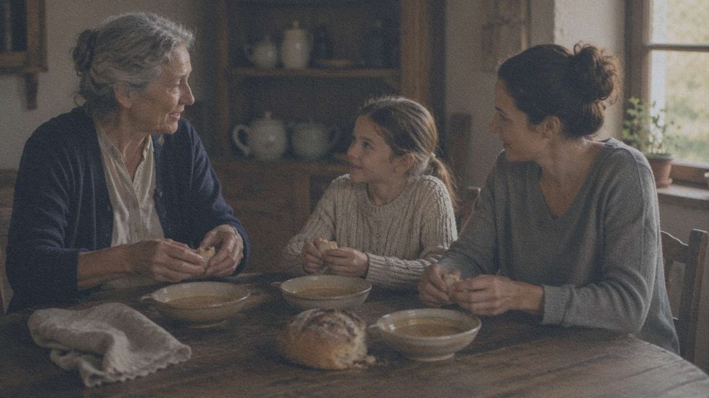 Trois générations partagent un repas simple en rompant le pain et en discutant dans une cuisine de campagne française.