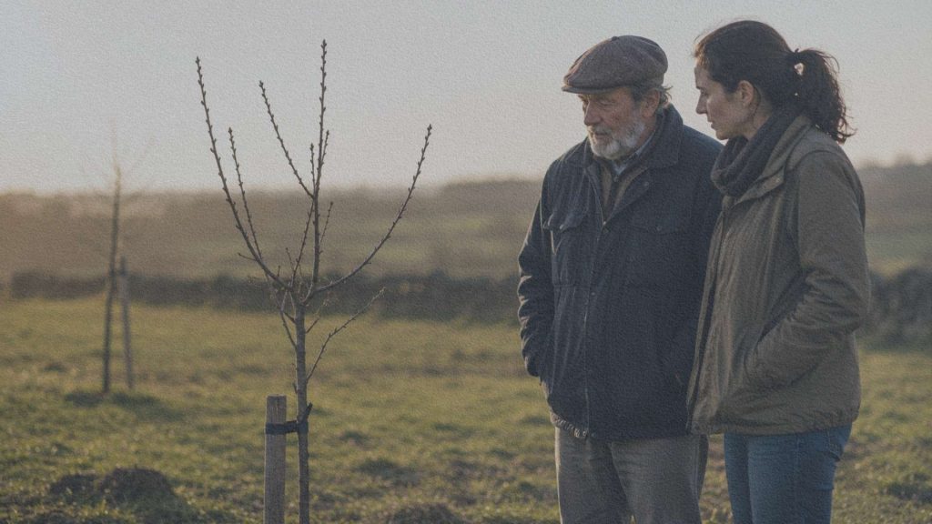 Un jardinier âgé et sa fille observent un jeune arbre avant de décider où intervenir dans un jardin de campagne.