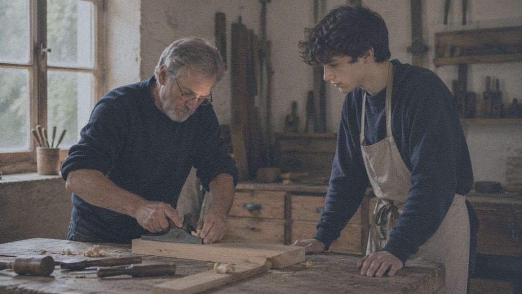 Un ébéniste expérimenté travaille une planche de bois pendant qu'un jeune apprenti observe attentivement son geste dans un atelier traditionnel.