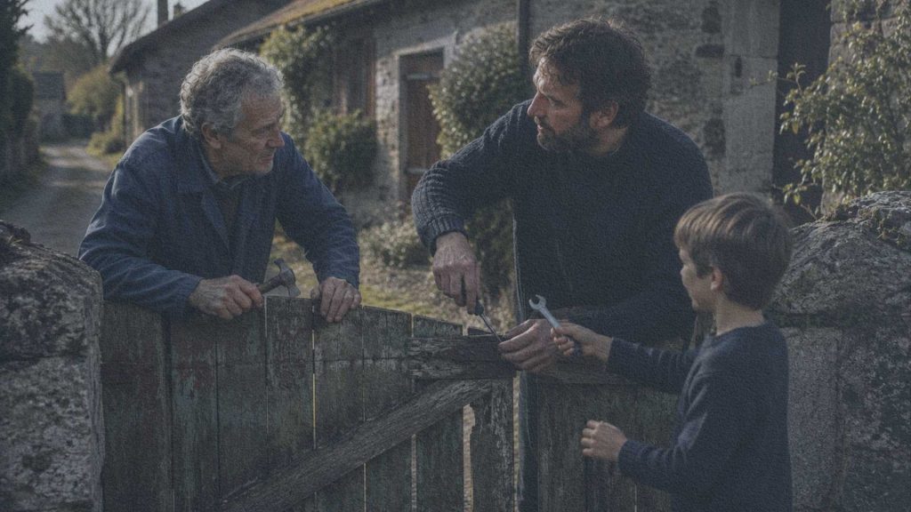 Deux voisins réparent ensemble un vieux portail pendant qu'un enfant leur tend un outil dans un village français.