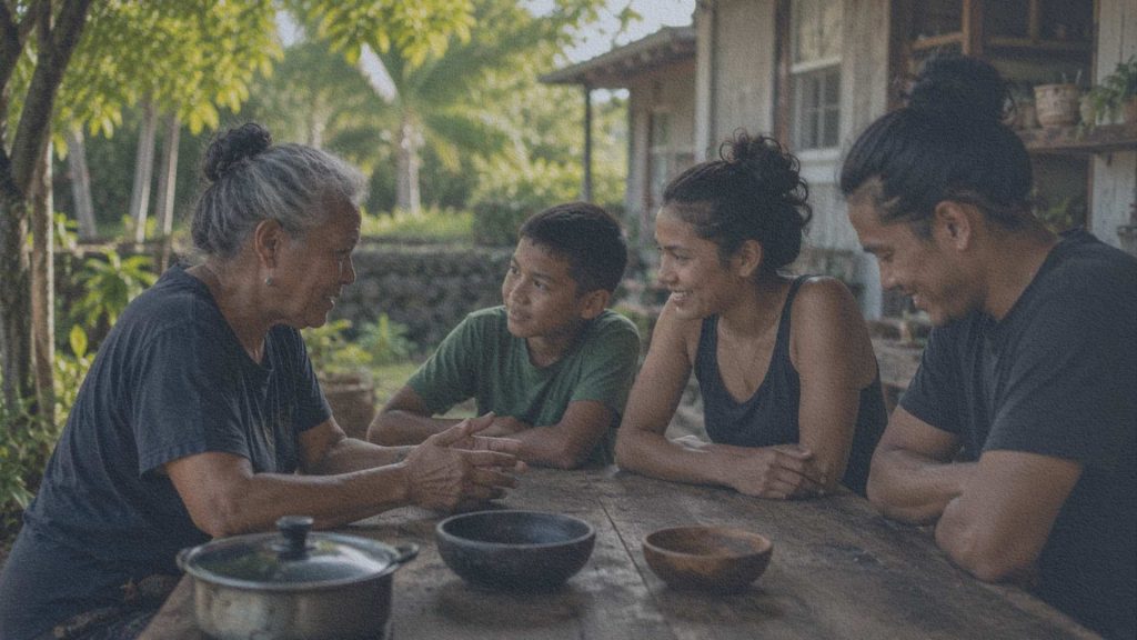 Quatre générations échangent autour d'une table simple devant une maison hawaïenne, pendant la préparation d'un repas partagé.