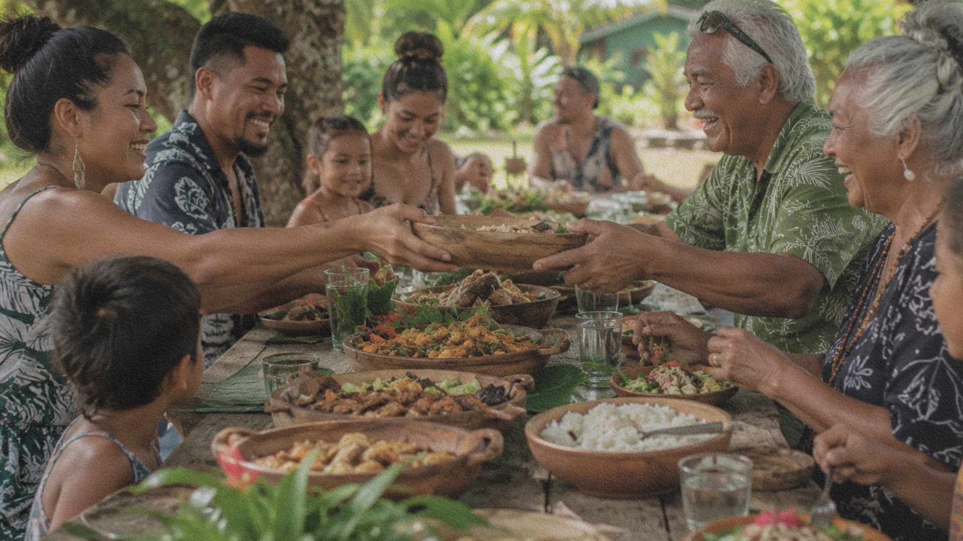 Repas partagé entre plusieurs générations hawaïennes autour d'une table en plein air dans un jardin tropical