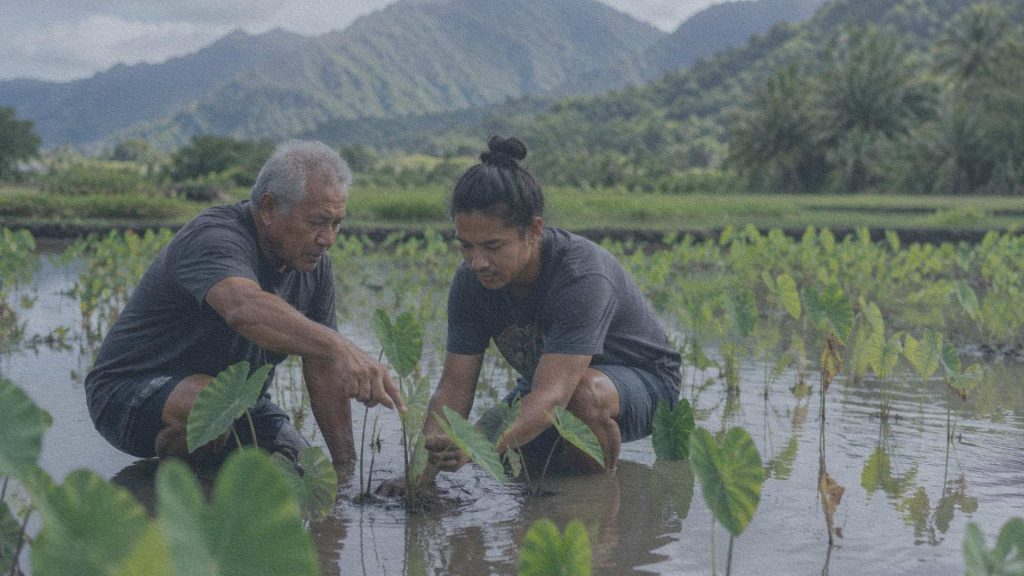 Un agriculteur hawaïen expérimenté montre à un jeune adulte comment observer un champ de taro, dans un paysage paisible au pied des montagnes.