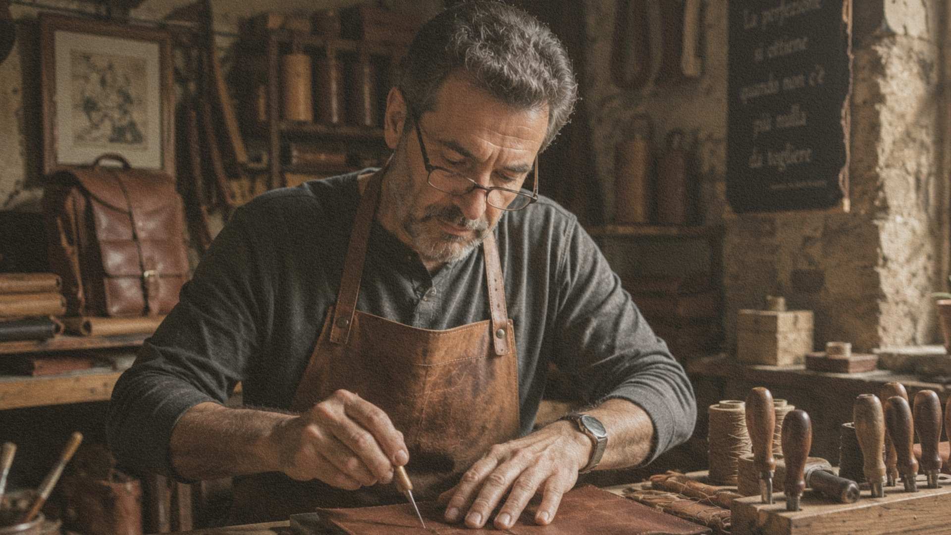 Artisan italien travaillant dans un atelier traditionnel, illustration de la Sprezzatura et de la maîtrise acquise par la pratique.